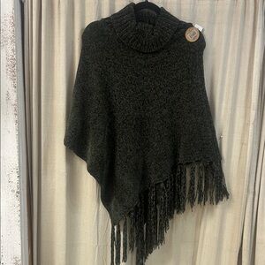 Elegant Olive Green Cowl Neck Poncho with Fringe